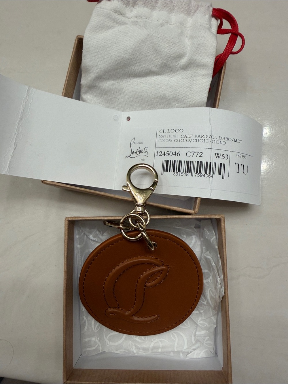 Christian Louboutin Tan Leather Embossed Logo Keyring bag charm